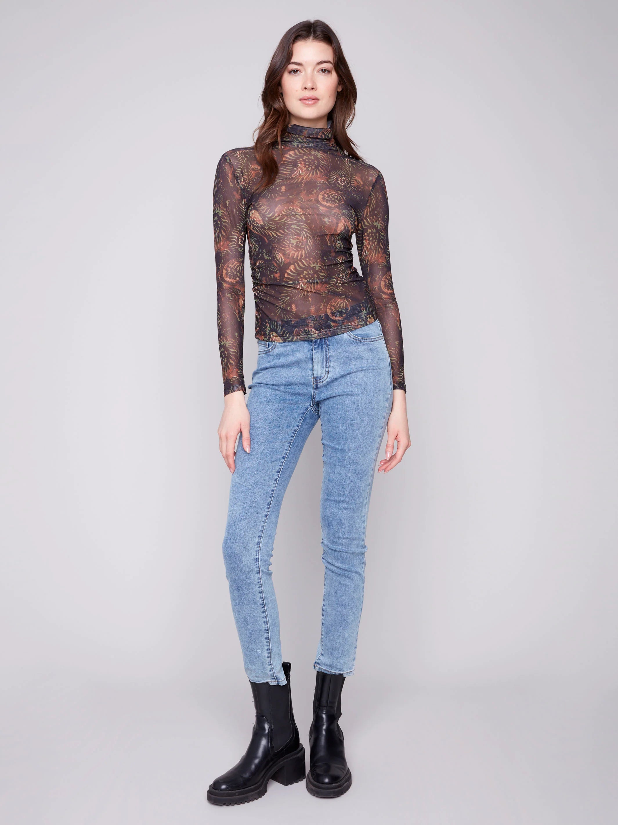 Printed Mock Neck Mesh Top - Spruce