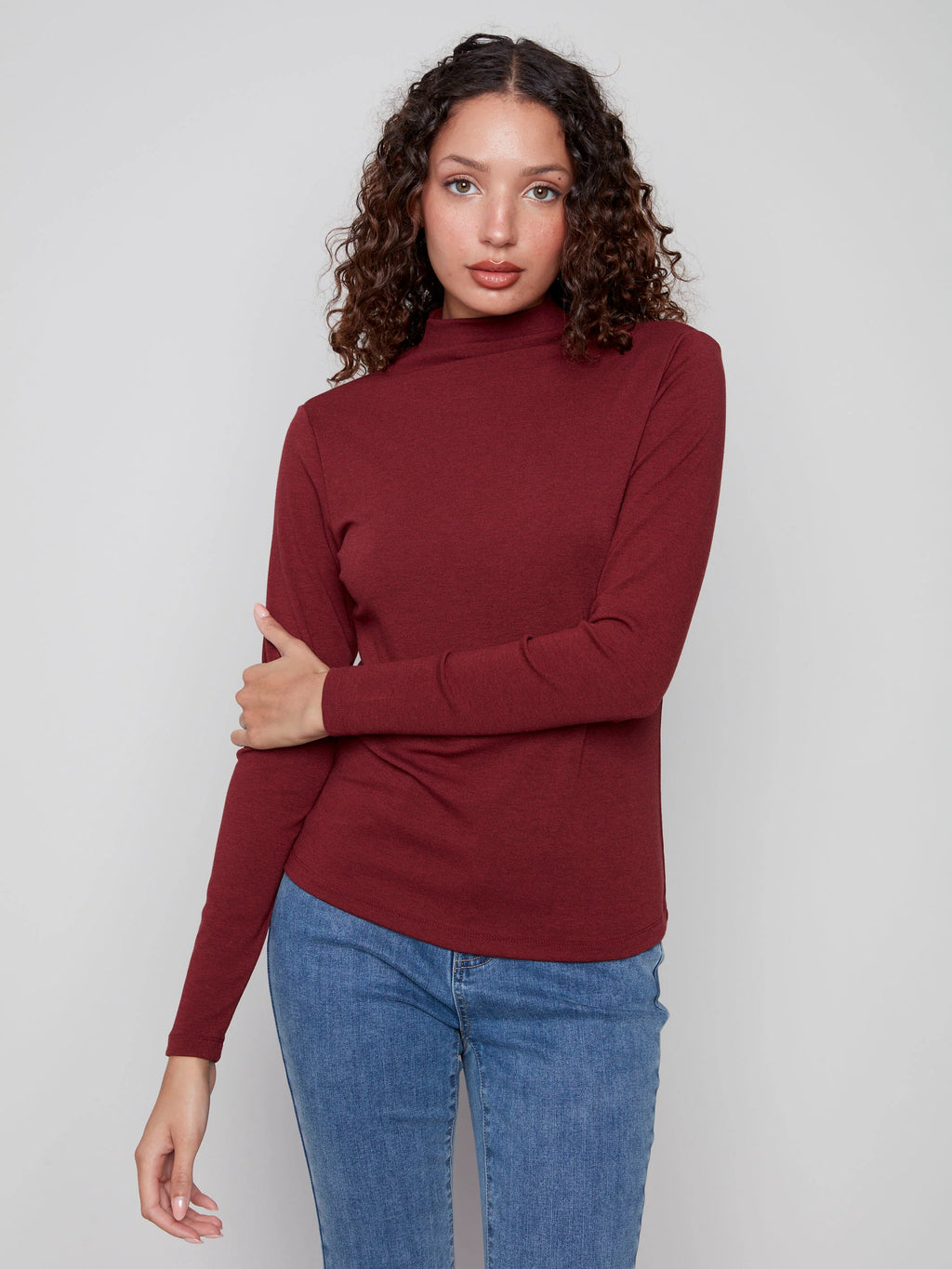 Long Sleeve Mock Neck Top - Cabernet
