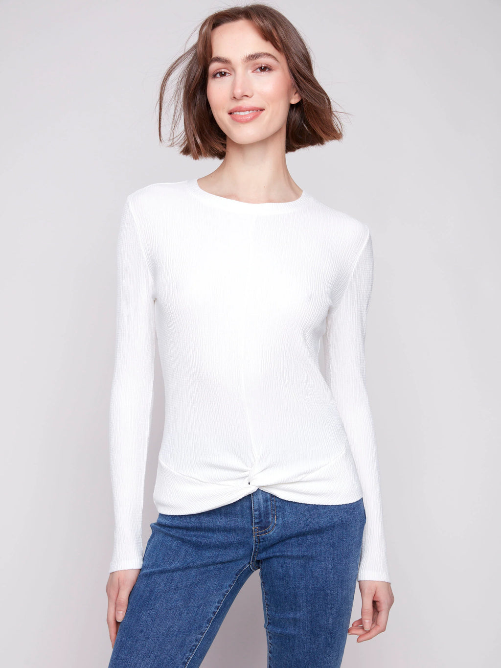 Textured Knit Top With Front Knot Detail - Ecru