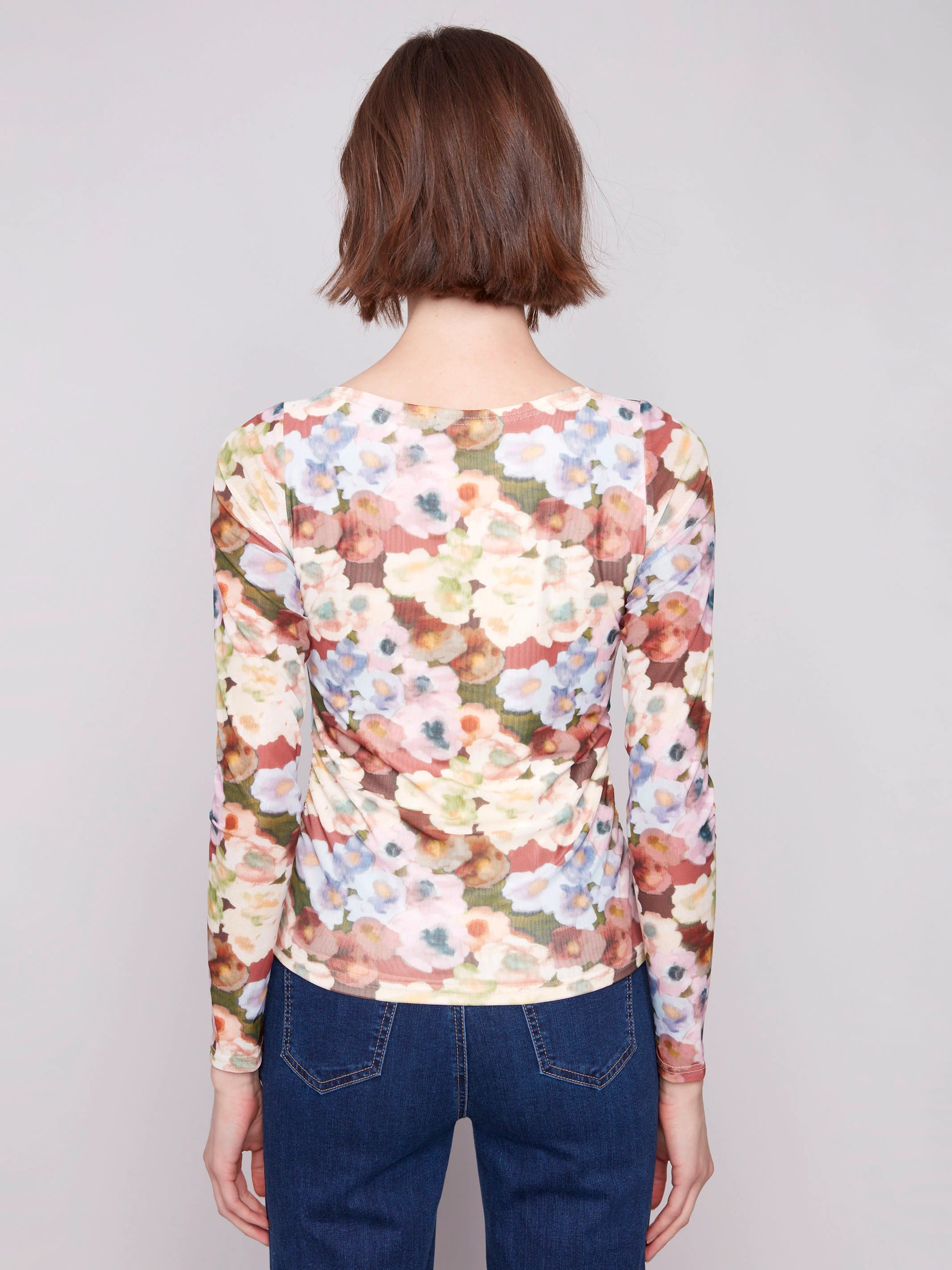 Printed Ruched Mesh Top - Botanical