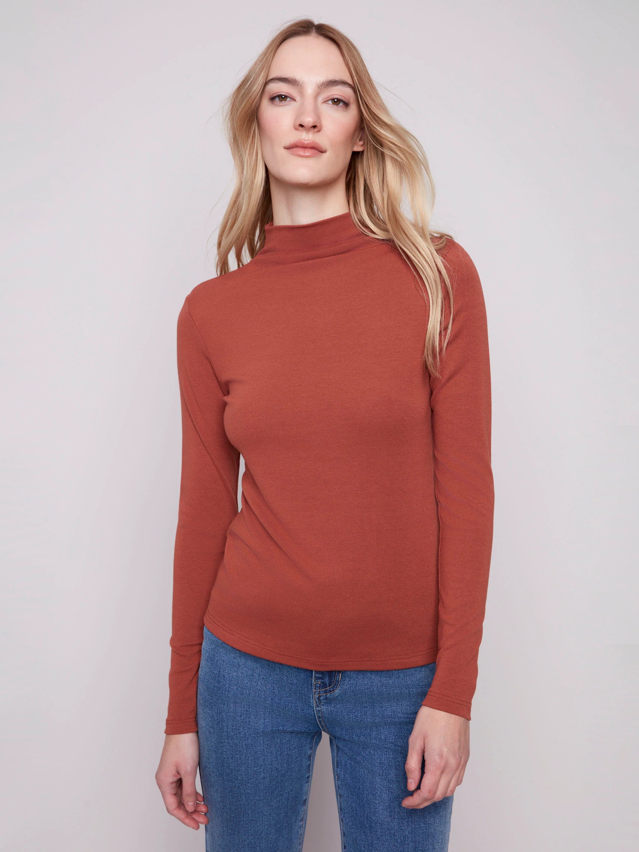 Long Sleeve Mock Neck Top - Sepia