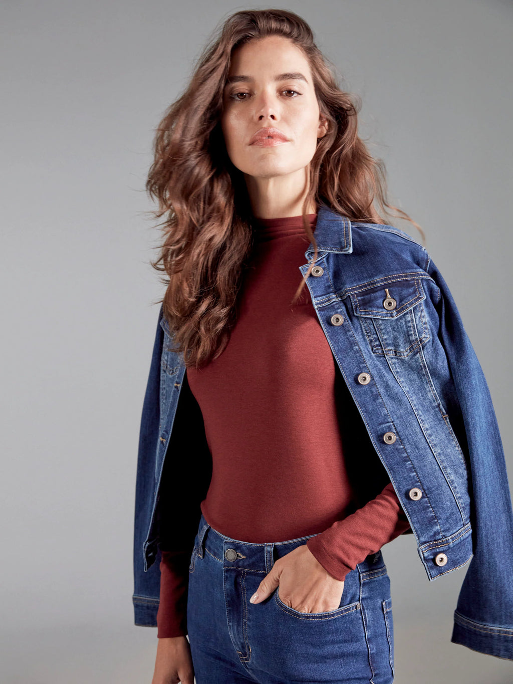 Long Sleeve Mock Neck Top - Cabernet