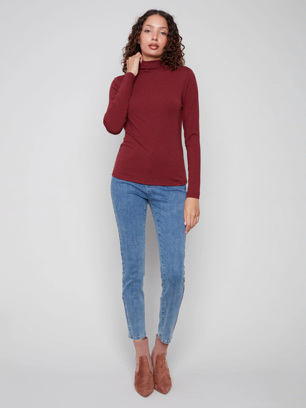 Long Sleeve Mock Neck Top - Cabernet