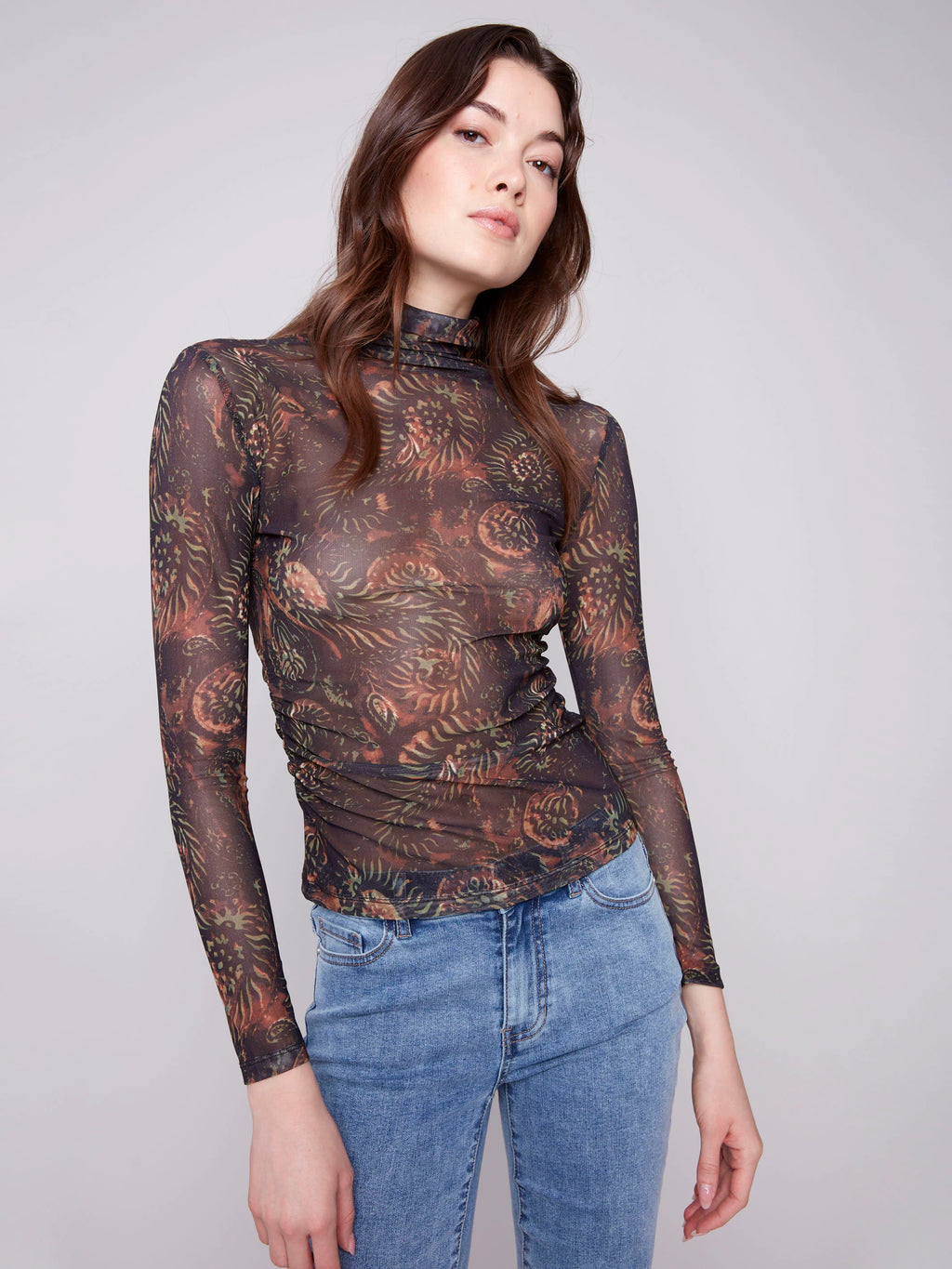 Printed Mock Neck Mesh Top - Spruce