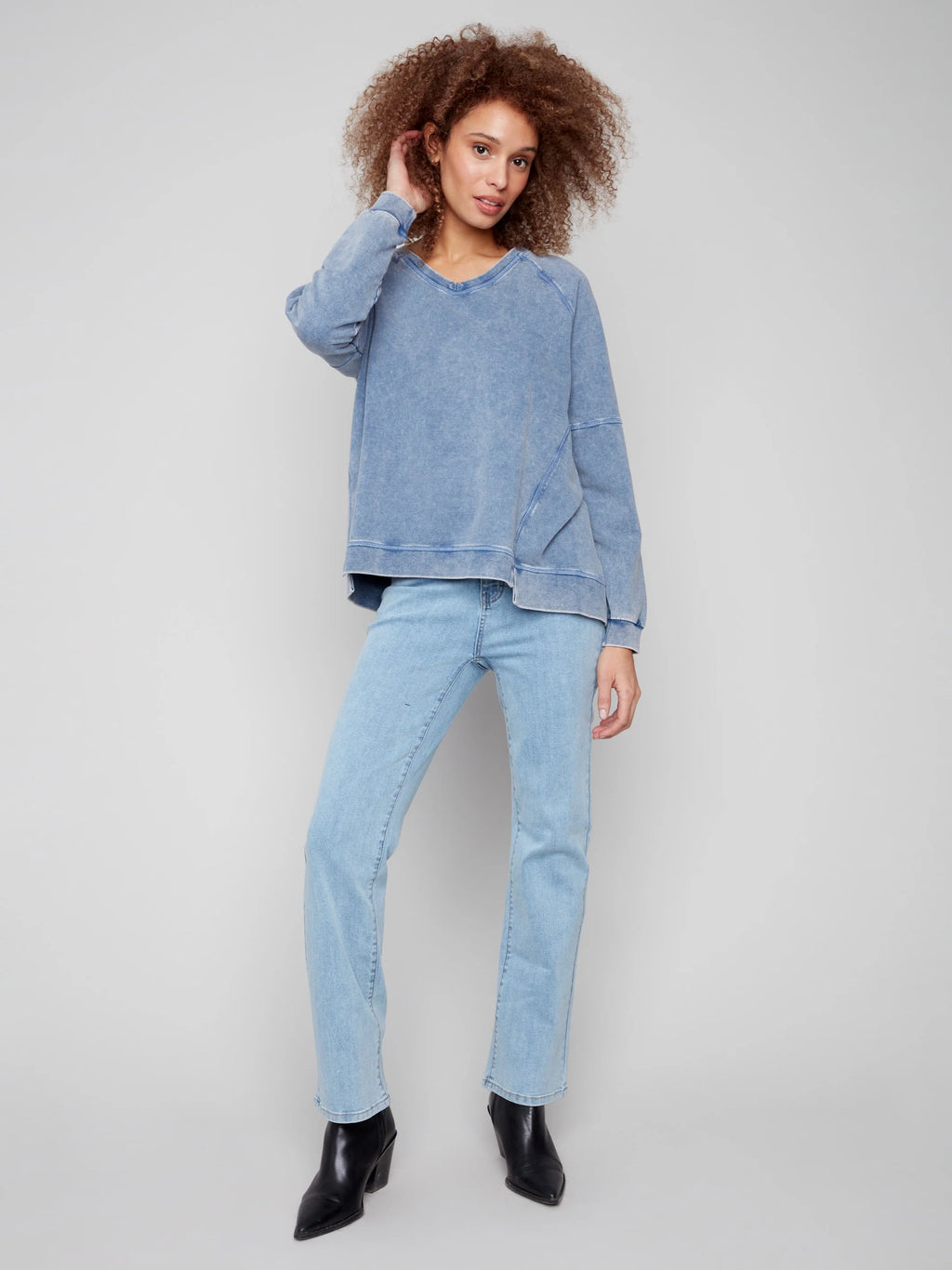 Cold Dye French Terry V-Neck Top - Denim