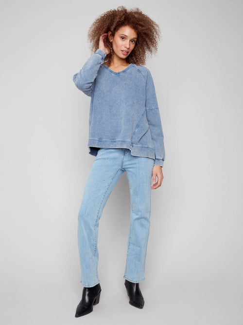 Cold Dye French Terry V-Neck Top - Denim