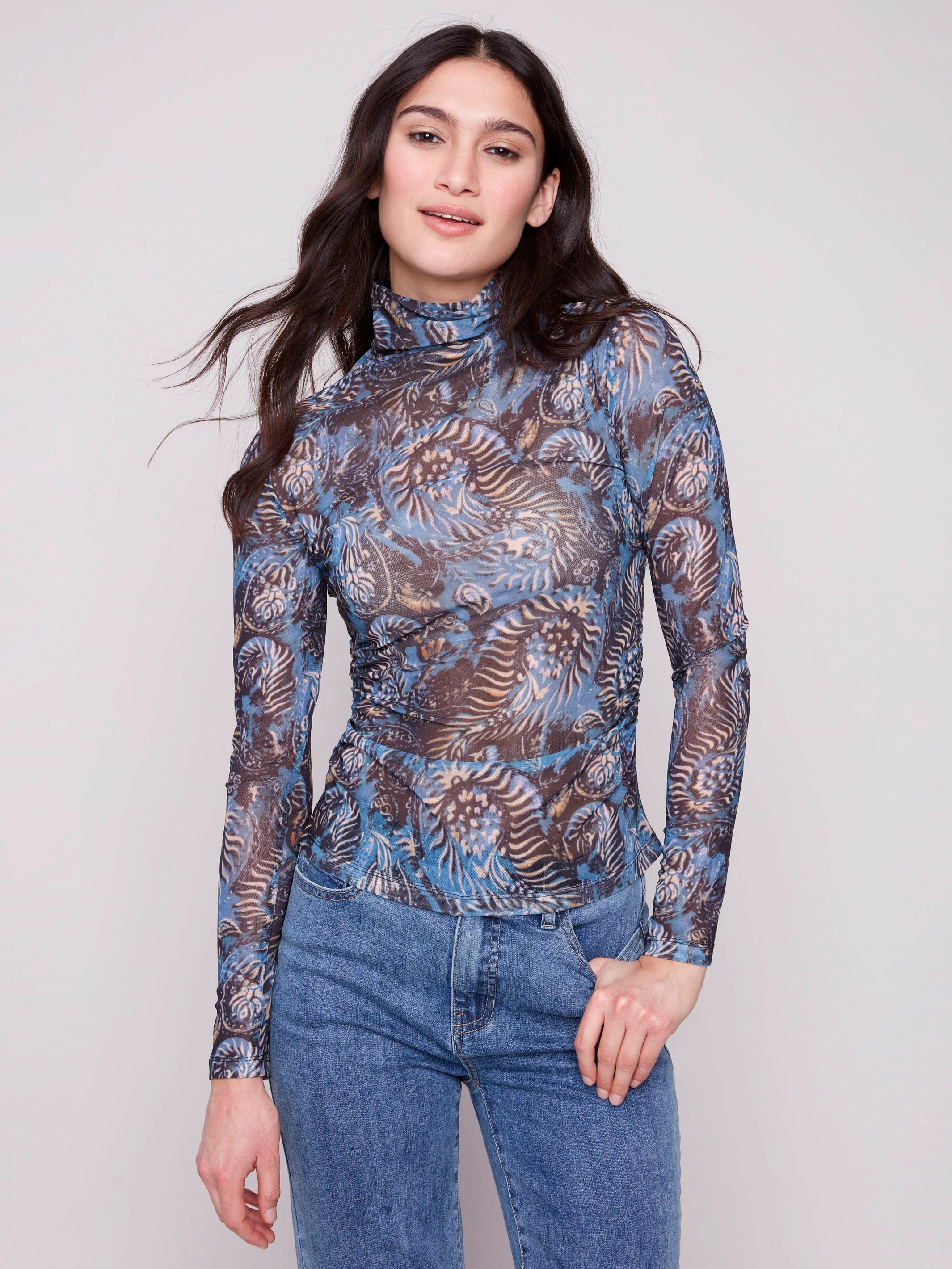 Printed Mock Neck Mesh Top - Midnight