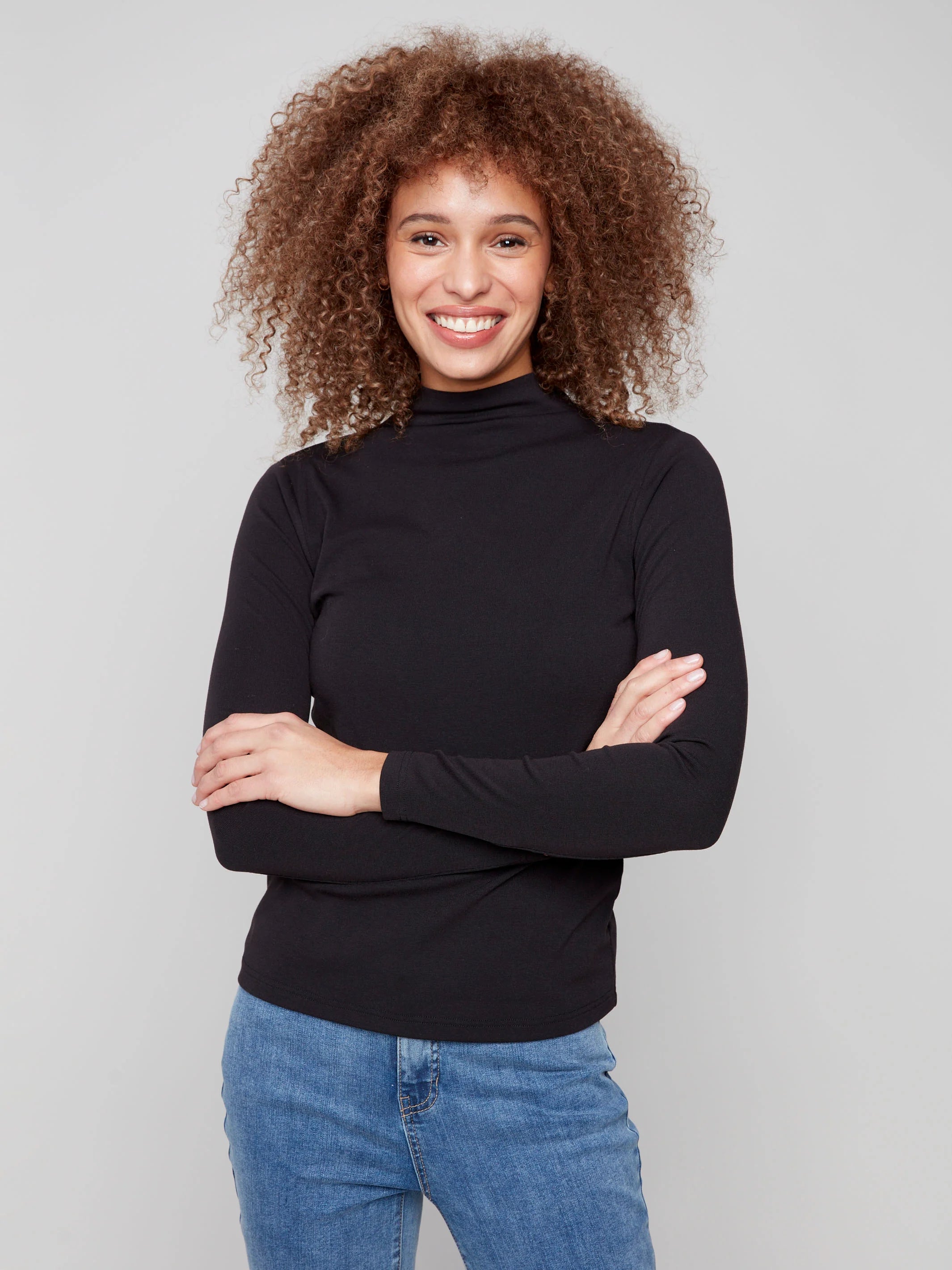 Long Sleeve Mock Neck Top - Black