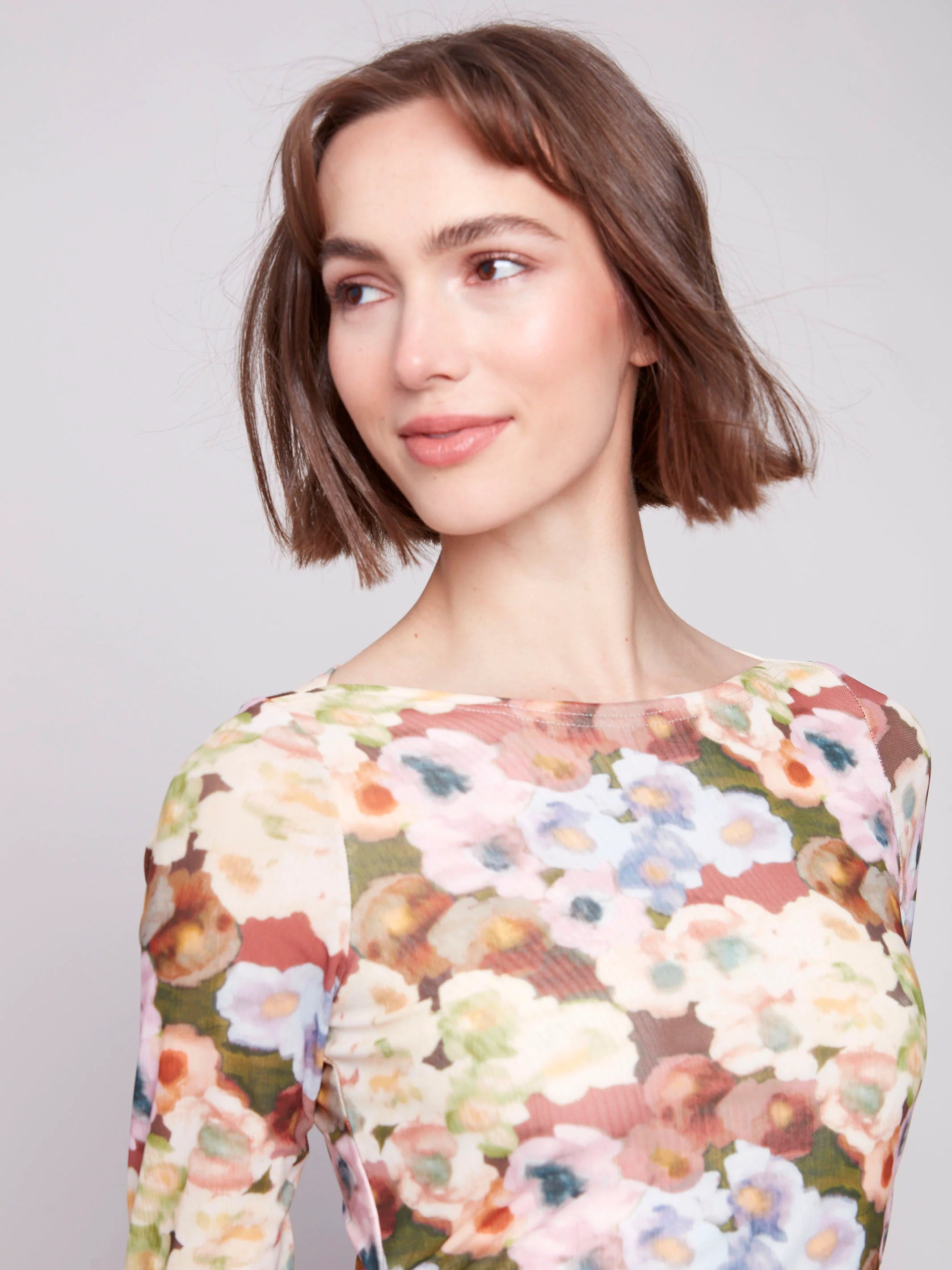 Printed Ruched Mesh Top - Botanical