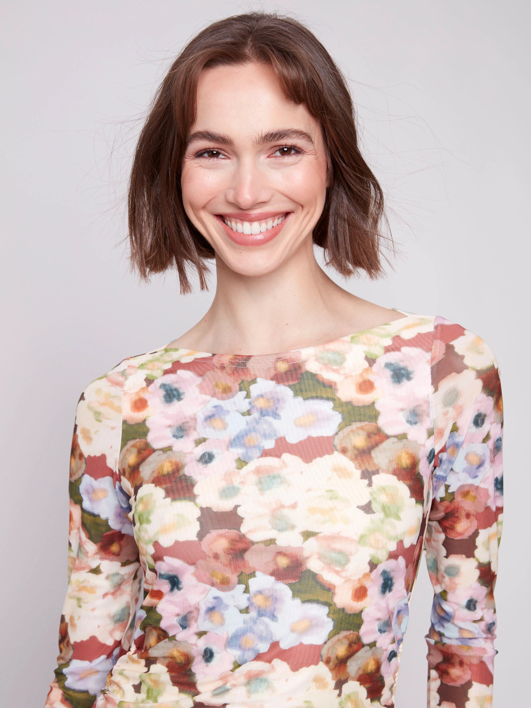 Printed Ruched Mesh Top - Botanical