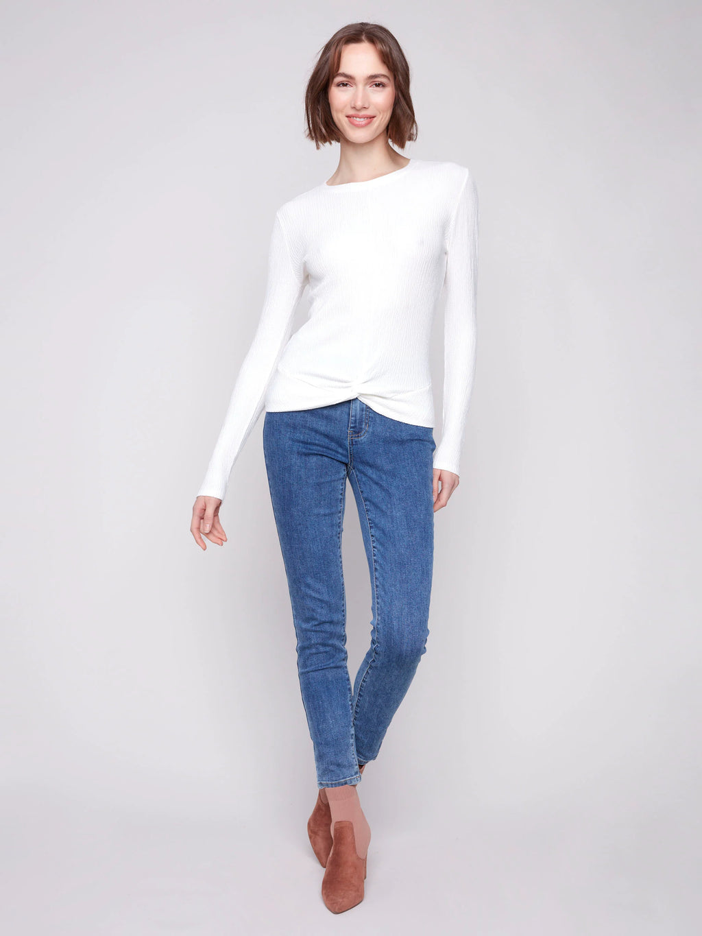 Textured Knit Top With Front Knot Detail - Ecru