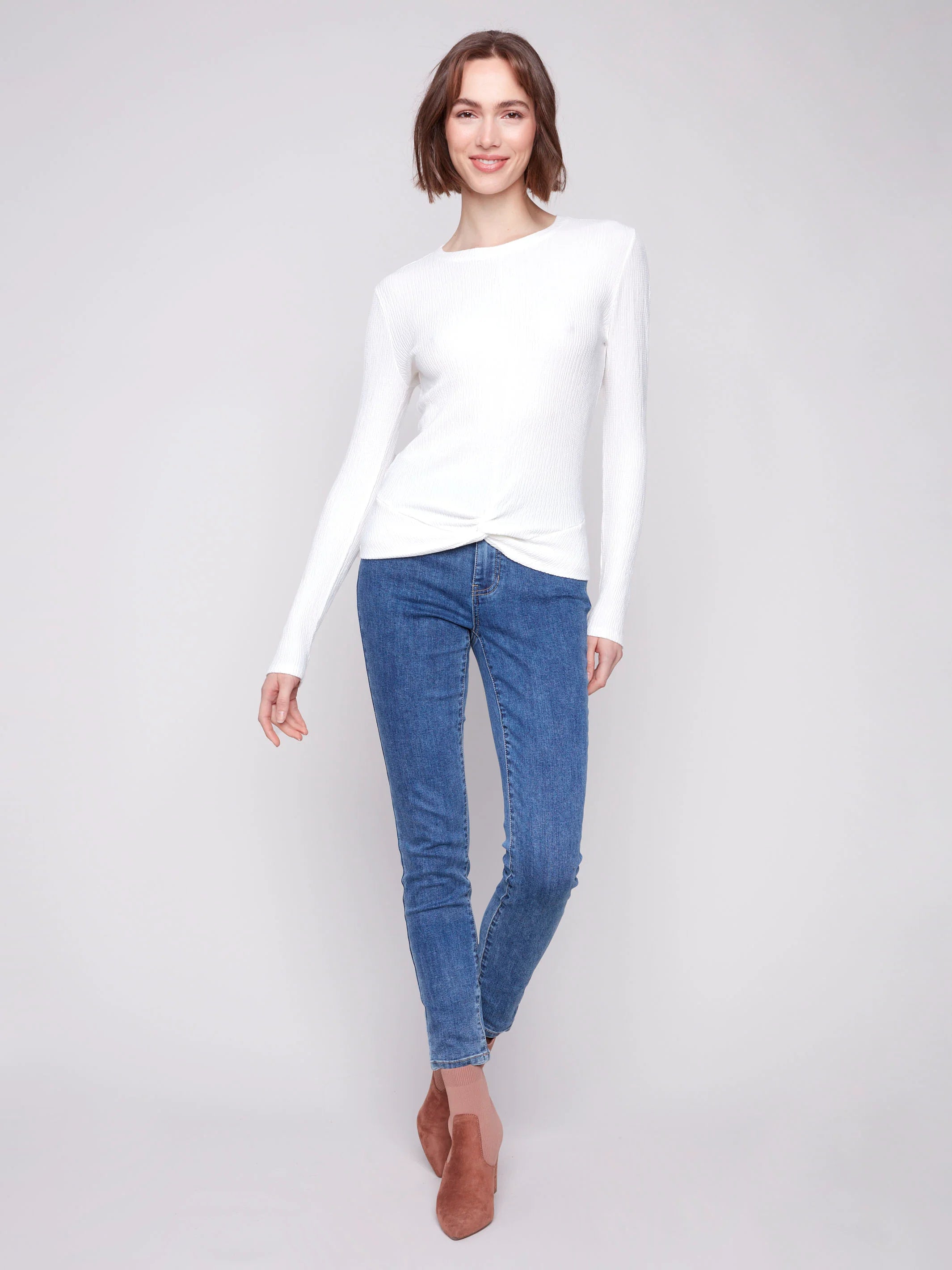 Textured Knit Top With Front Knot Detail - Ecru