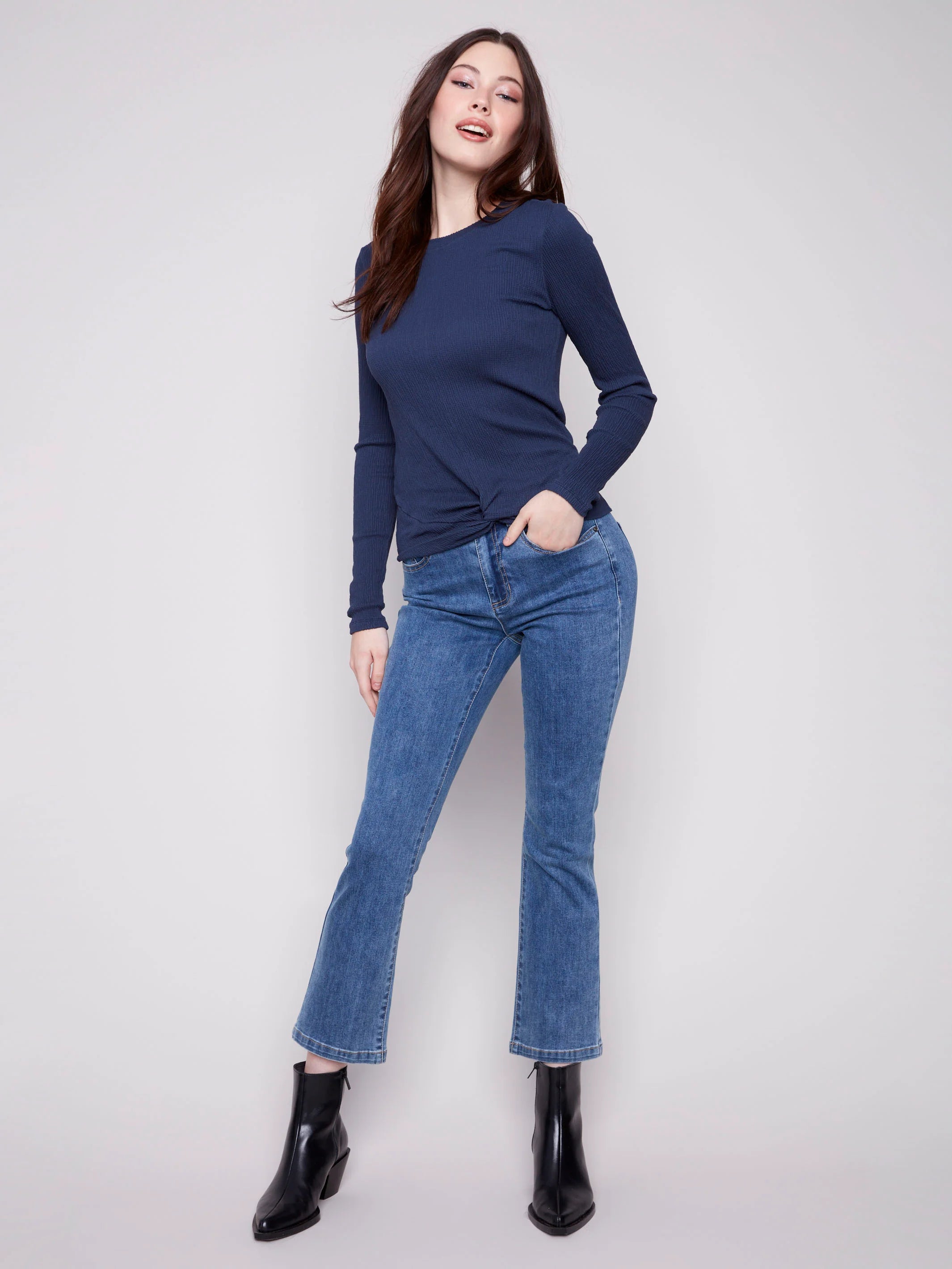 Textured Knit Top With Front Knot Detail - Moonlight