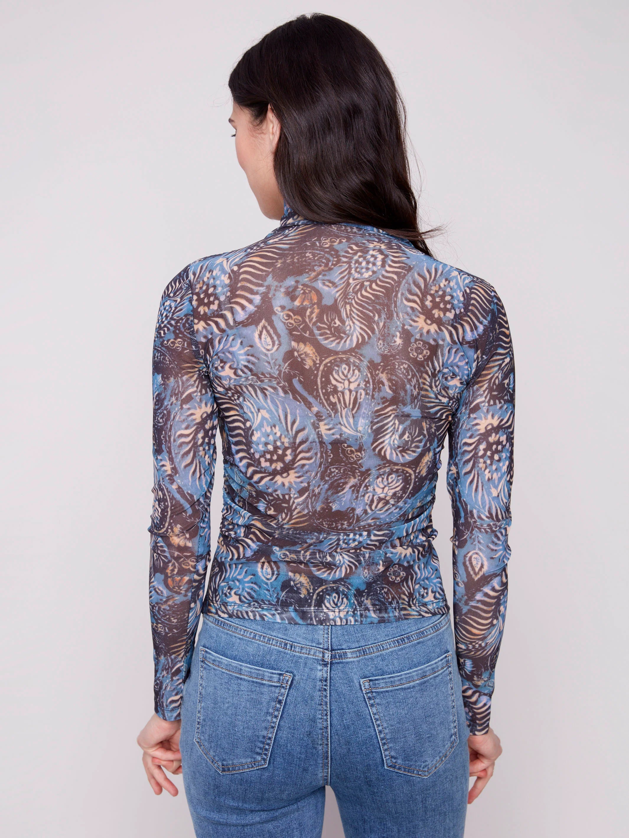 Printed Mock Neck Mesh Top - Midnight