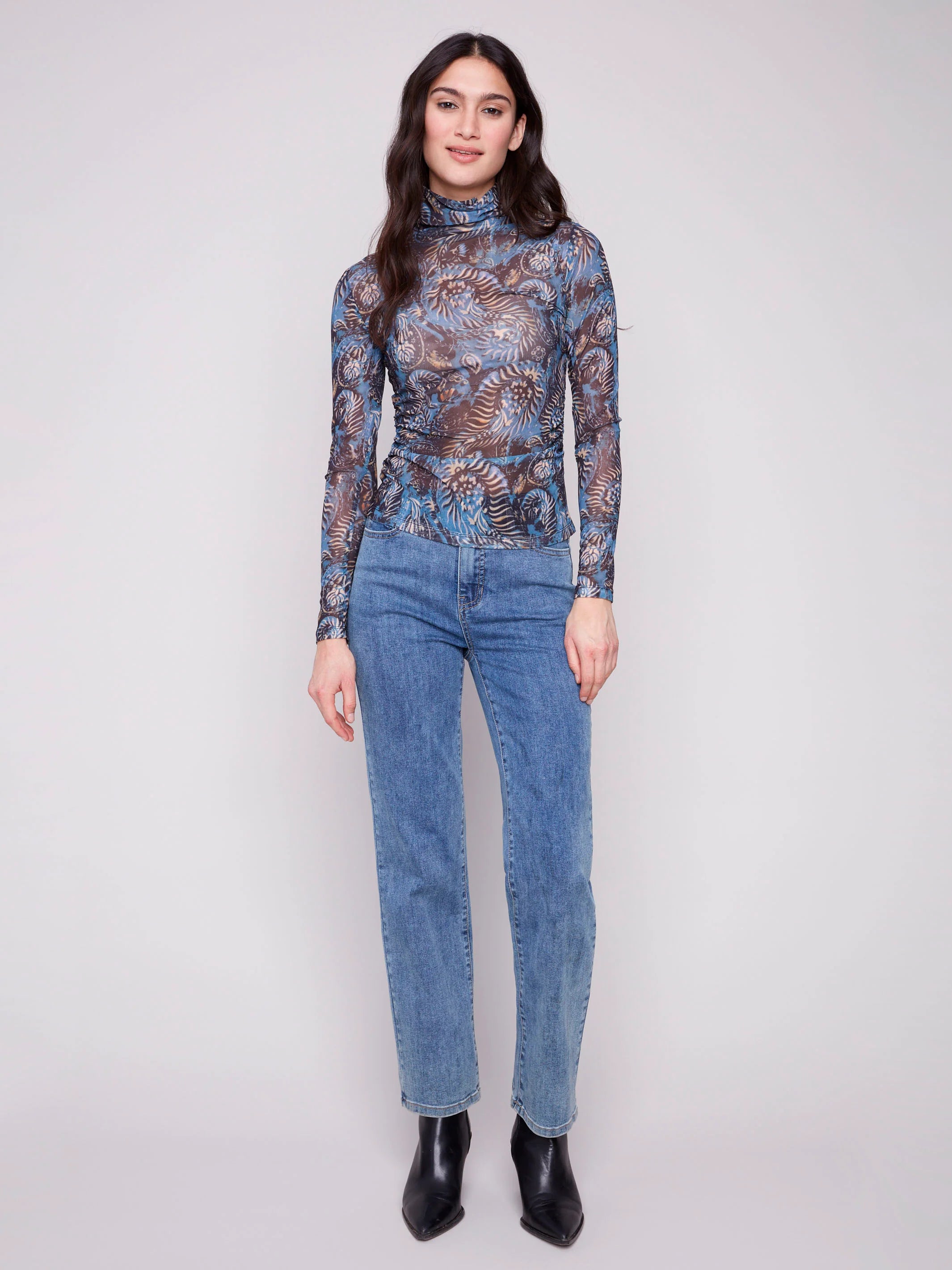 Printed Mock Neck Mesh Top - Midnight
