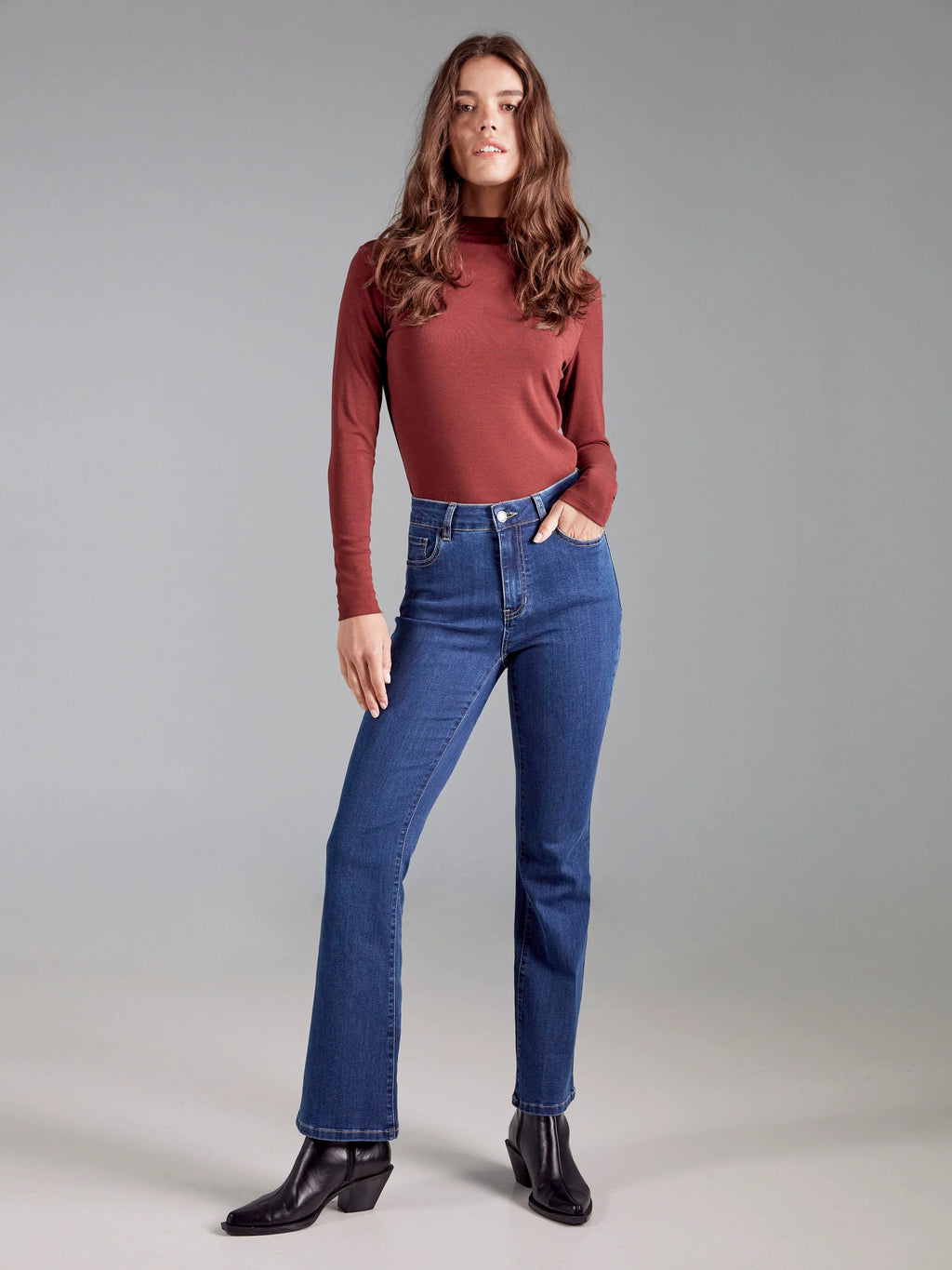 Long Sleeve Mock Neck Top - Cabernet