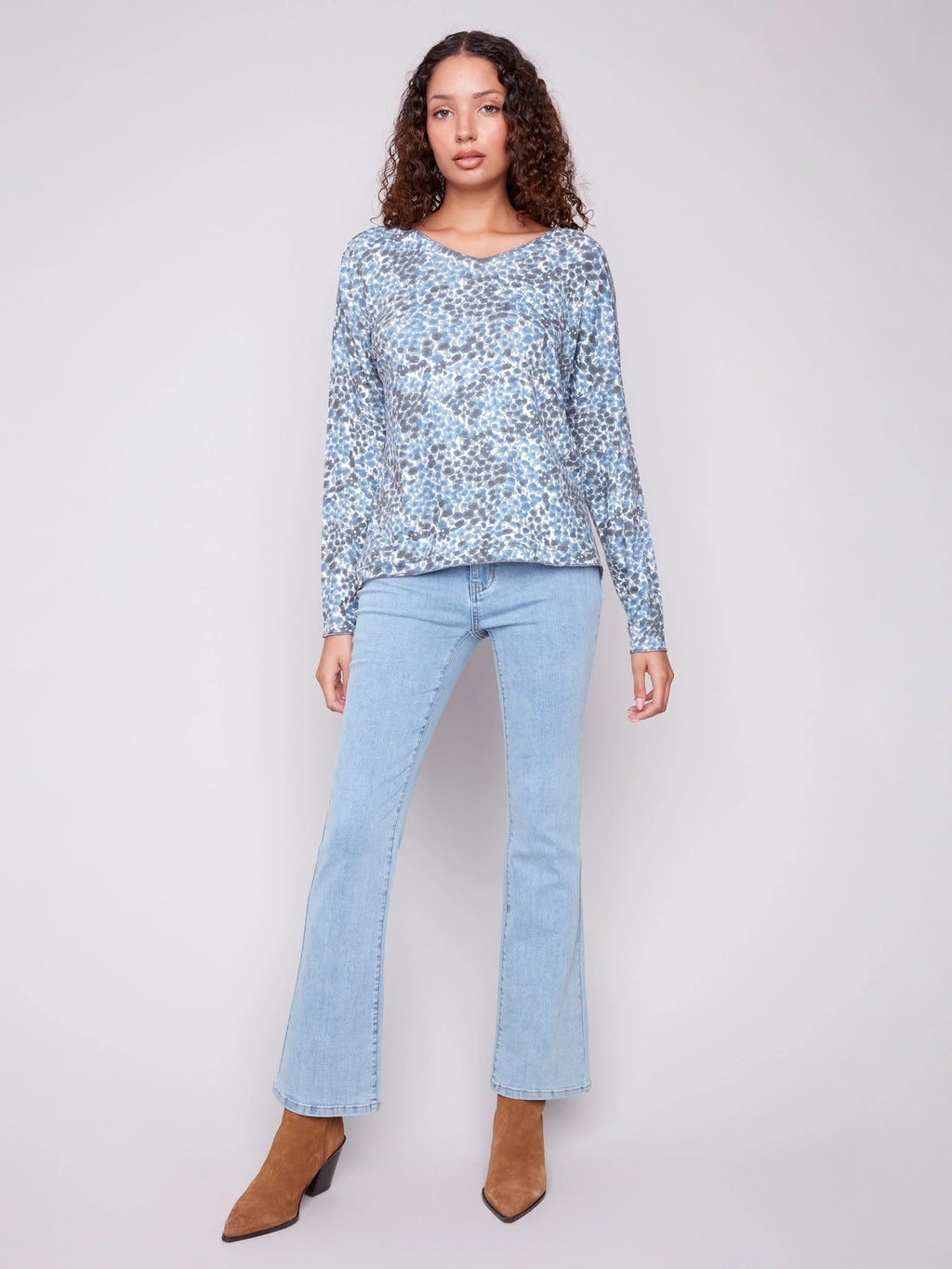 Printed V-Neck Knit Top - Ditsy