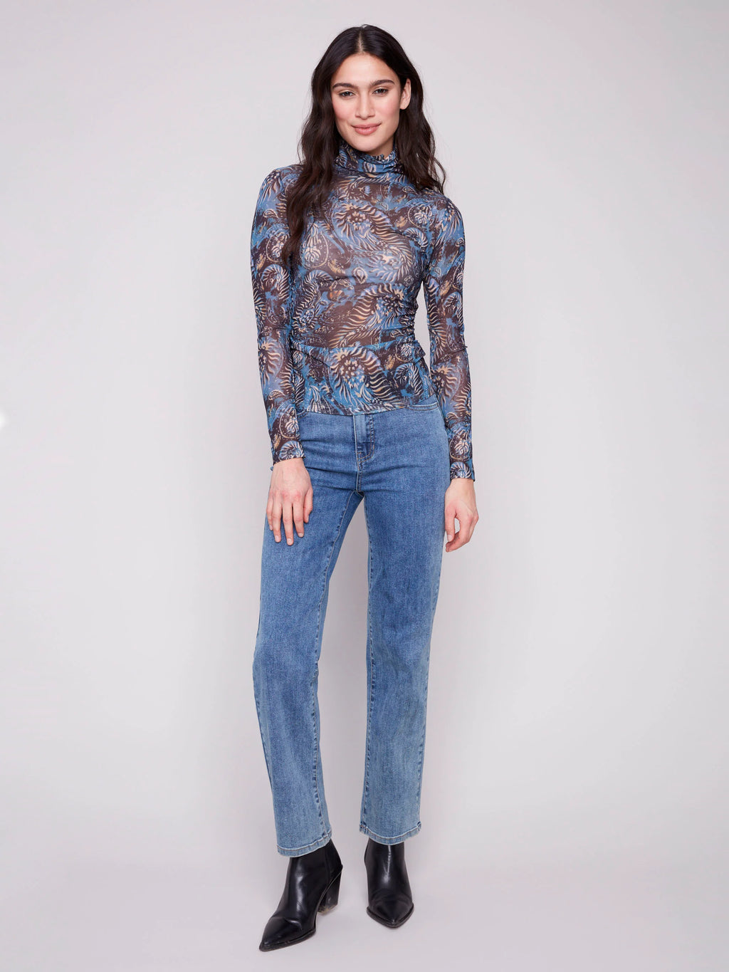 Printed Mock Neck Mesh Top - Midnight