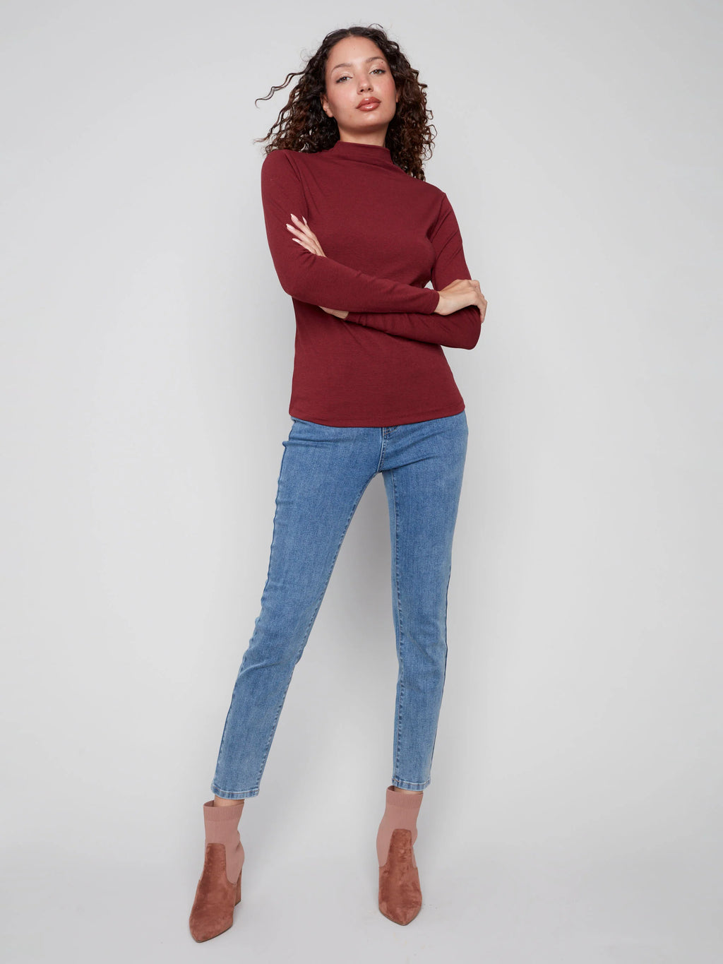 Long Sleeve Mock Neck Top - Cabernet
