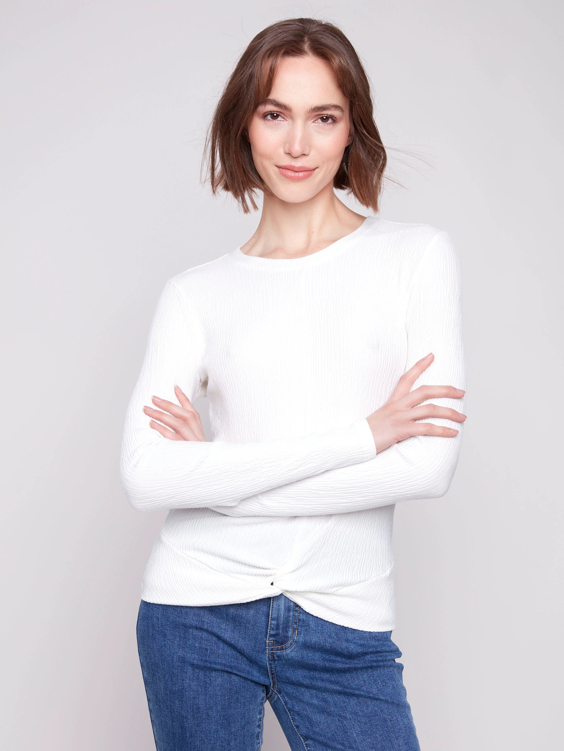 Textured Knit Top With Front Knot Detail - Ecru