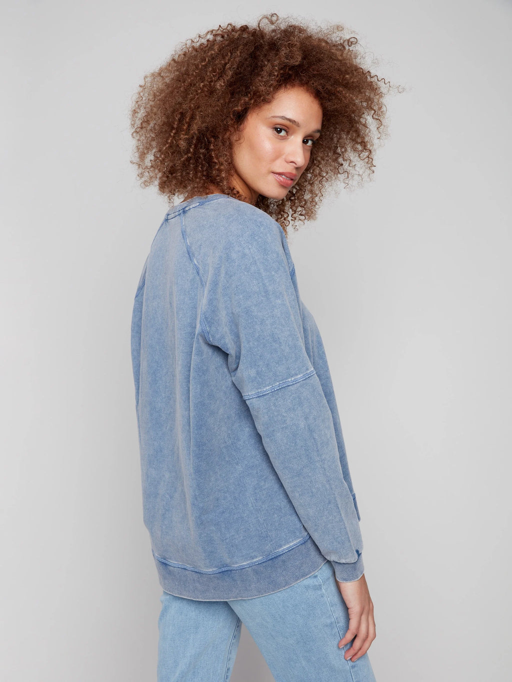 Cold Dye French Terry V-Neck Top - Denim