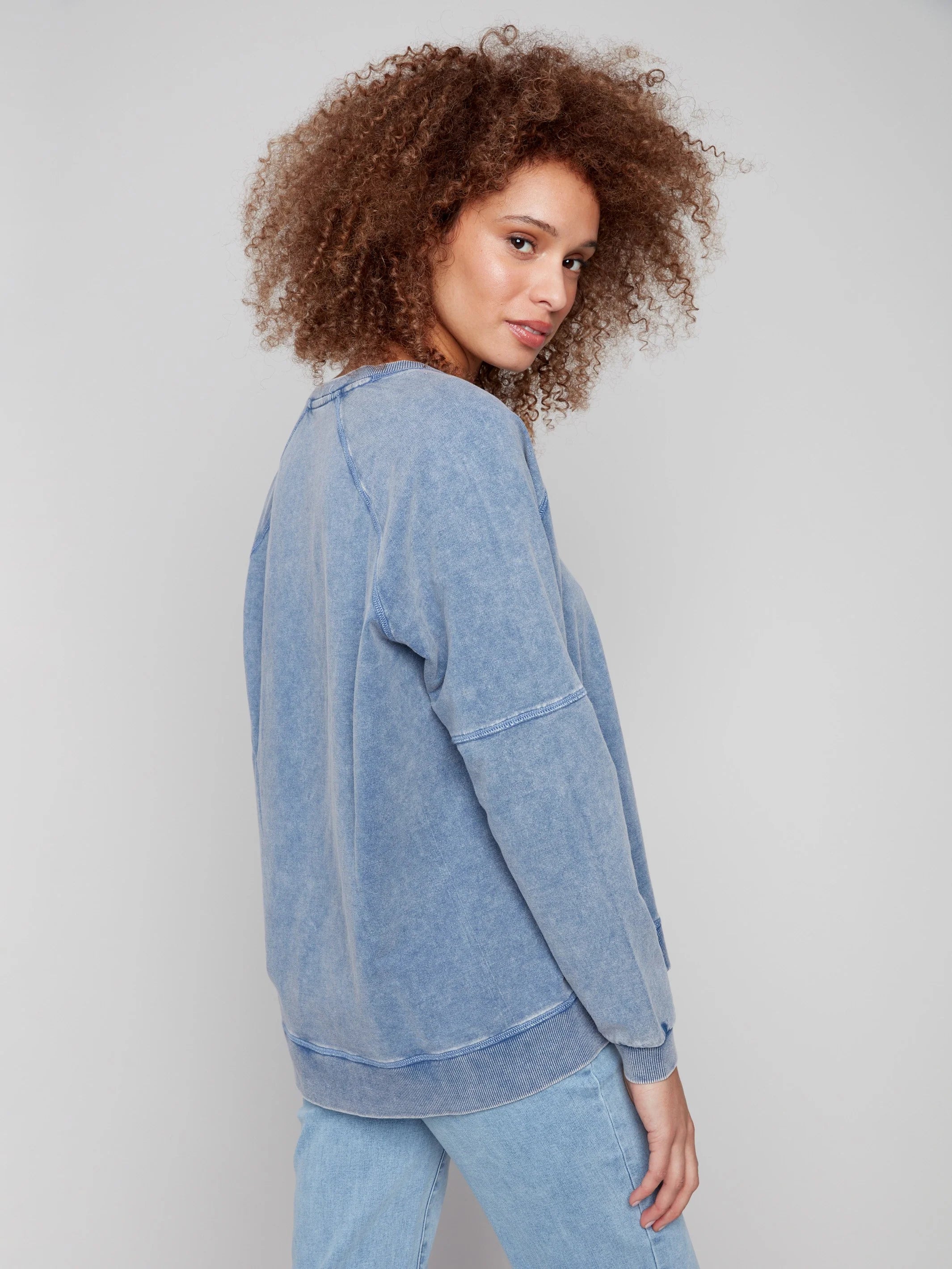 Cold Dye French Terry V-Neck Top - Denim