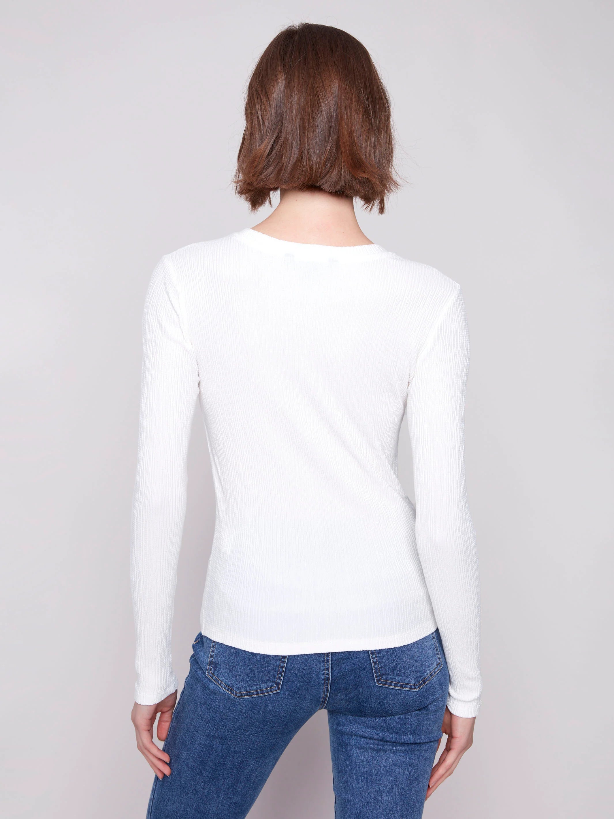 Textured Knit Top With Front Knot Detail - Ecru