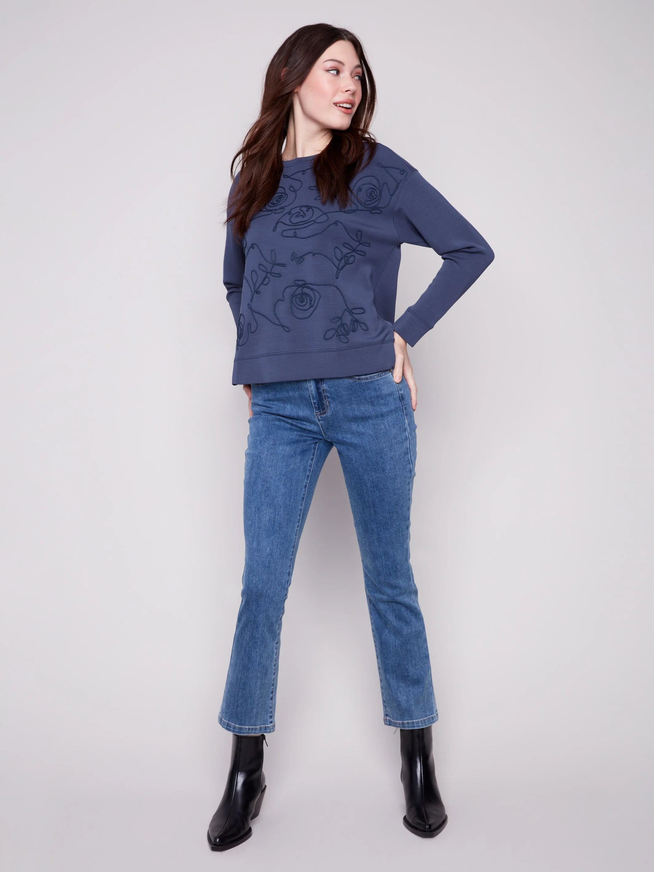 Scuba Knit Top with Soutache Detail - Moonlight