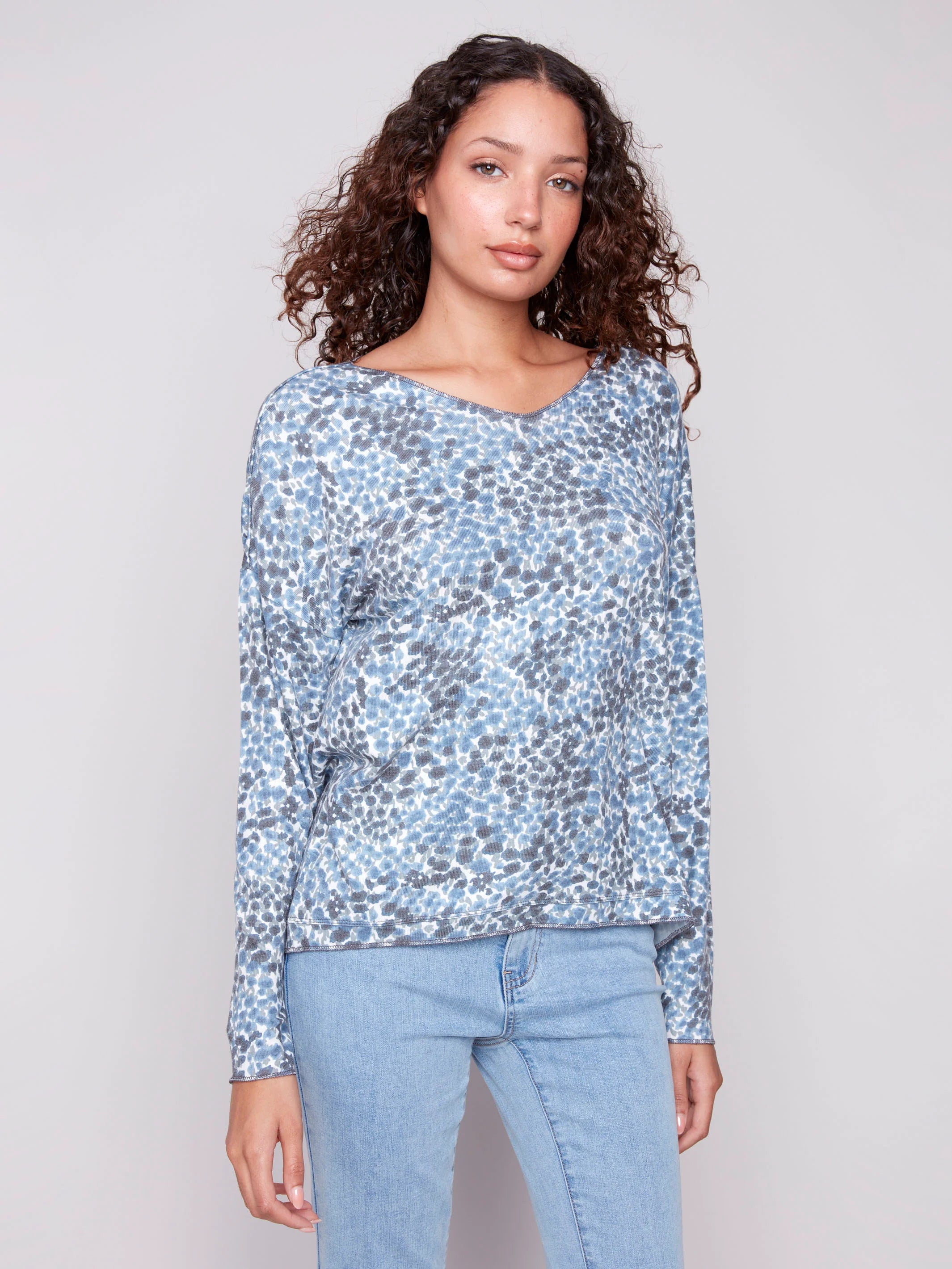Printed V-Neck Knit Top - Ditsy
