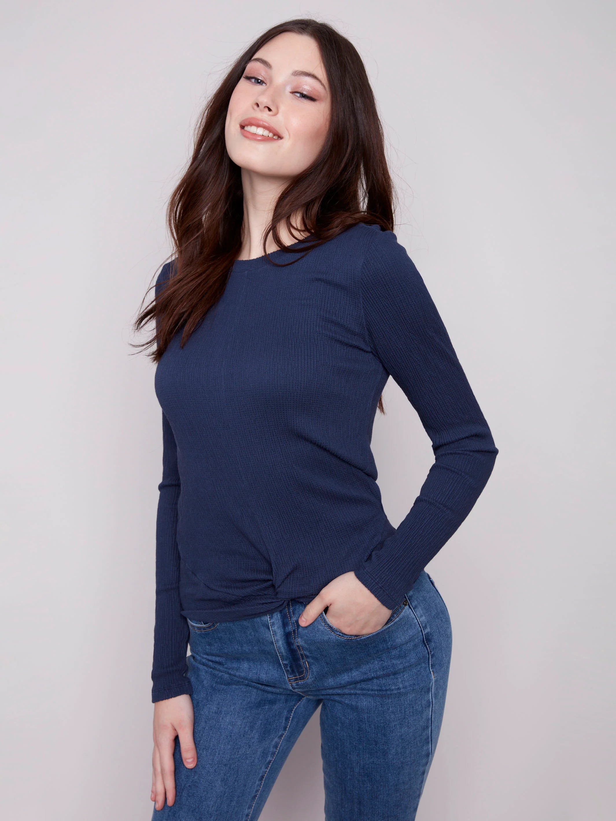 Textured Knit Top With Front Knot Detail - Moonlight