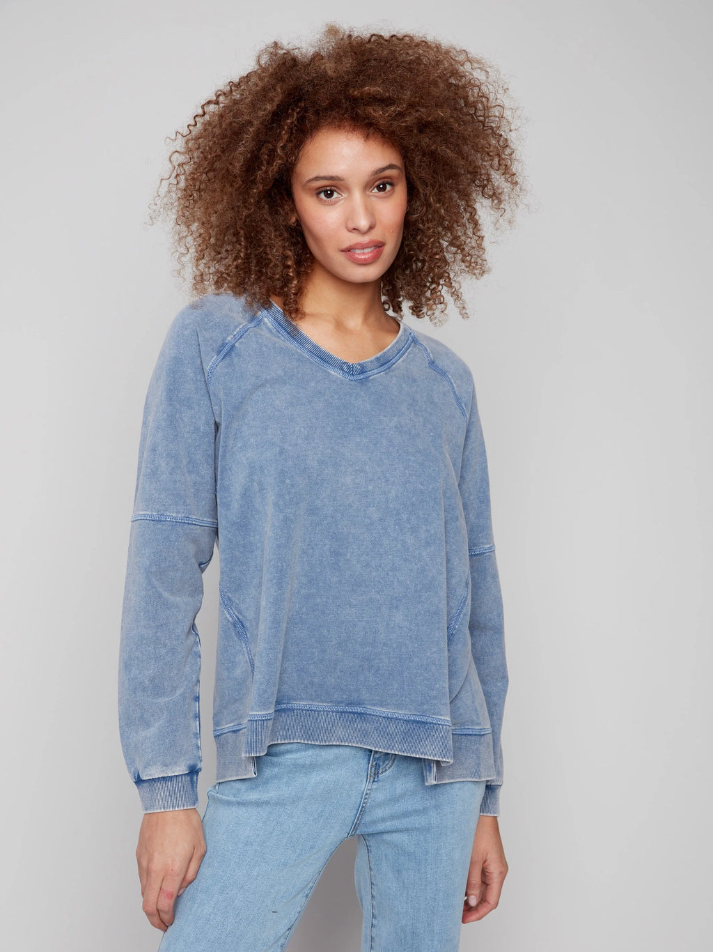Cold Dye French Terry V-Neck Top - Denim